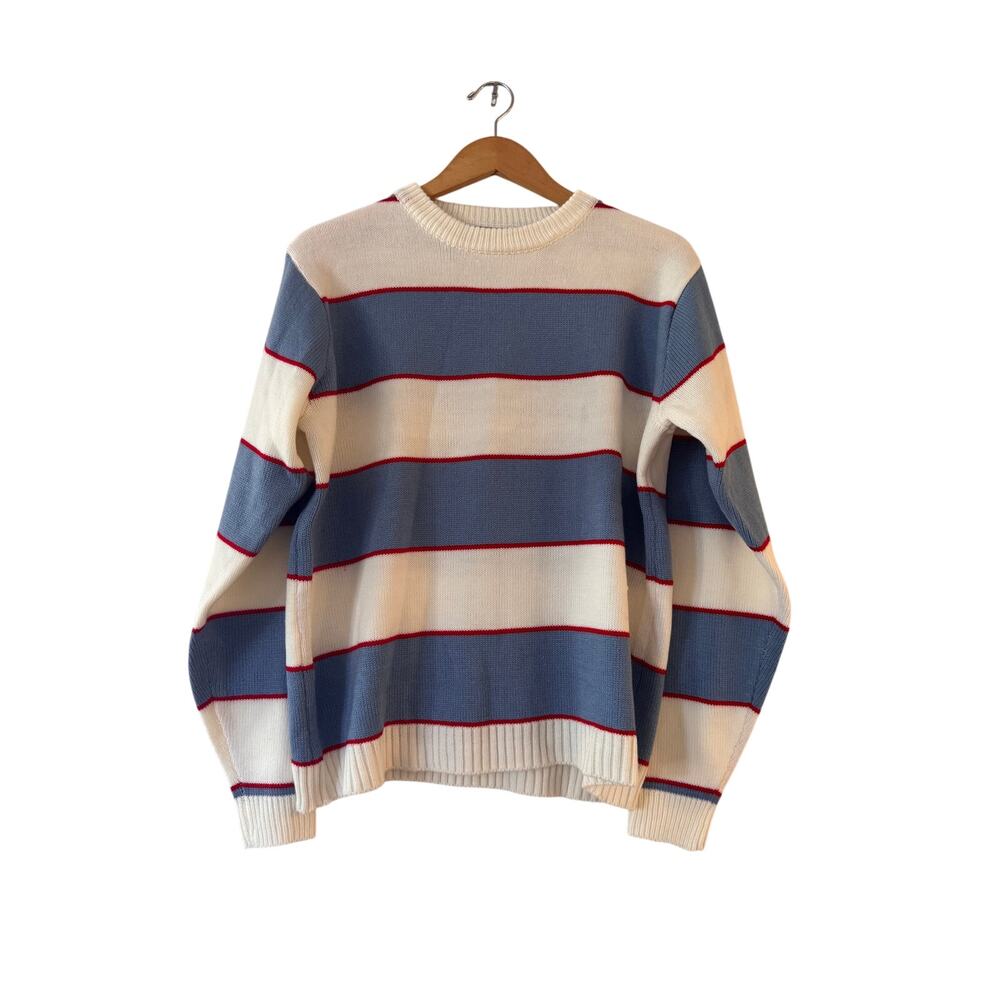 Mens Colorblock Stripe Crew Neck Sweater Size L Blue Red White Knit‎ Pullover